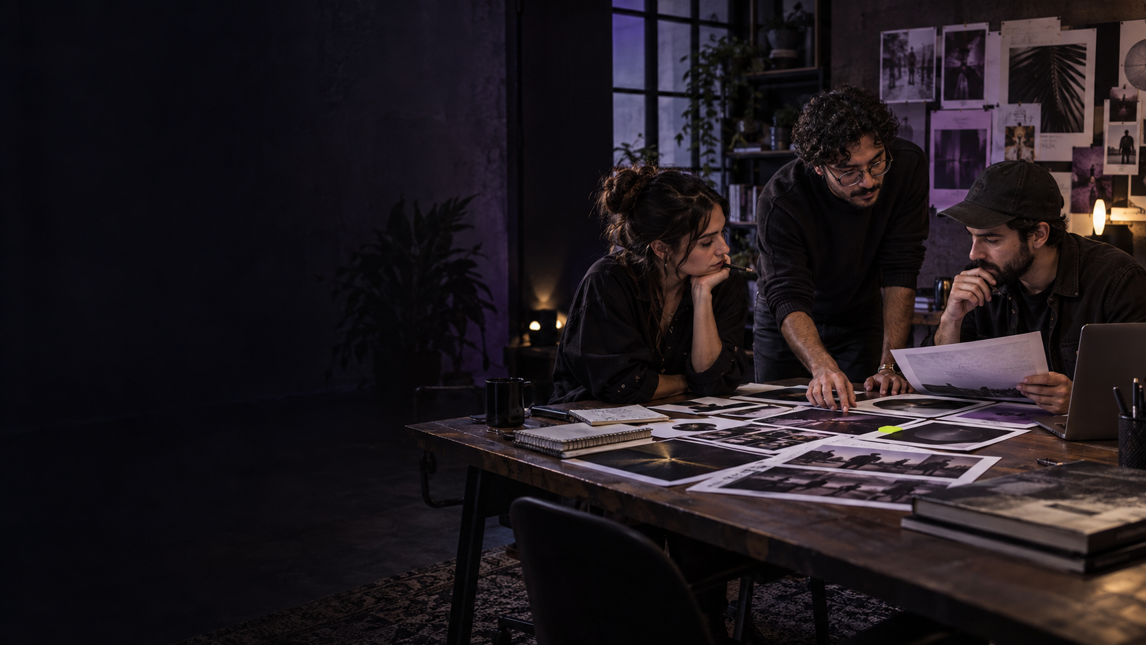 Equipo creativo y estratégico colaborando en una mesa de trabajo