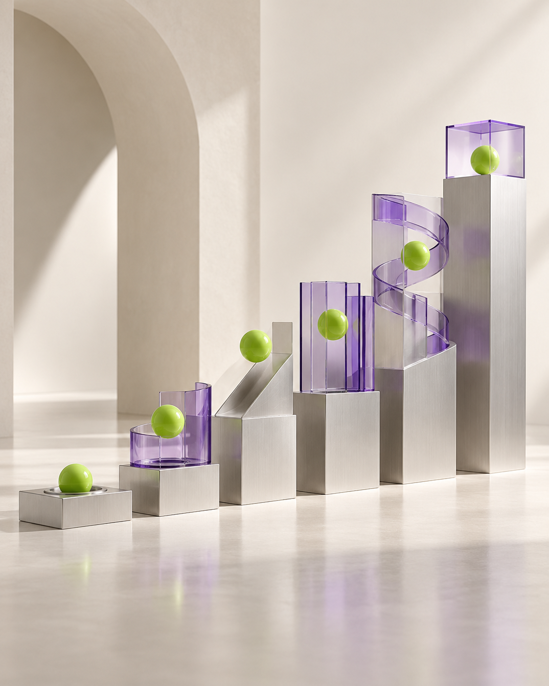 Sistema modular ascendente que representa análisis, experimentación y crecimiento